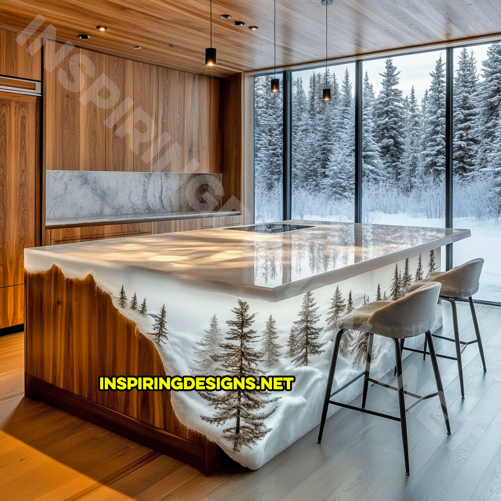 epoxy nature scene kitchen island with a wintery forest