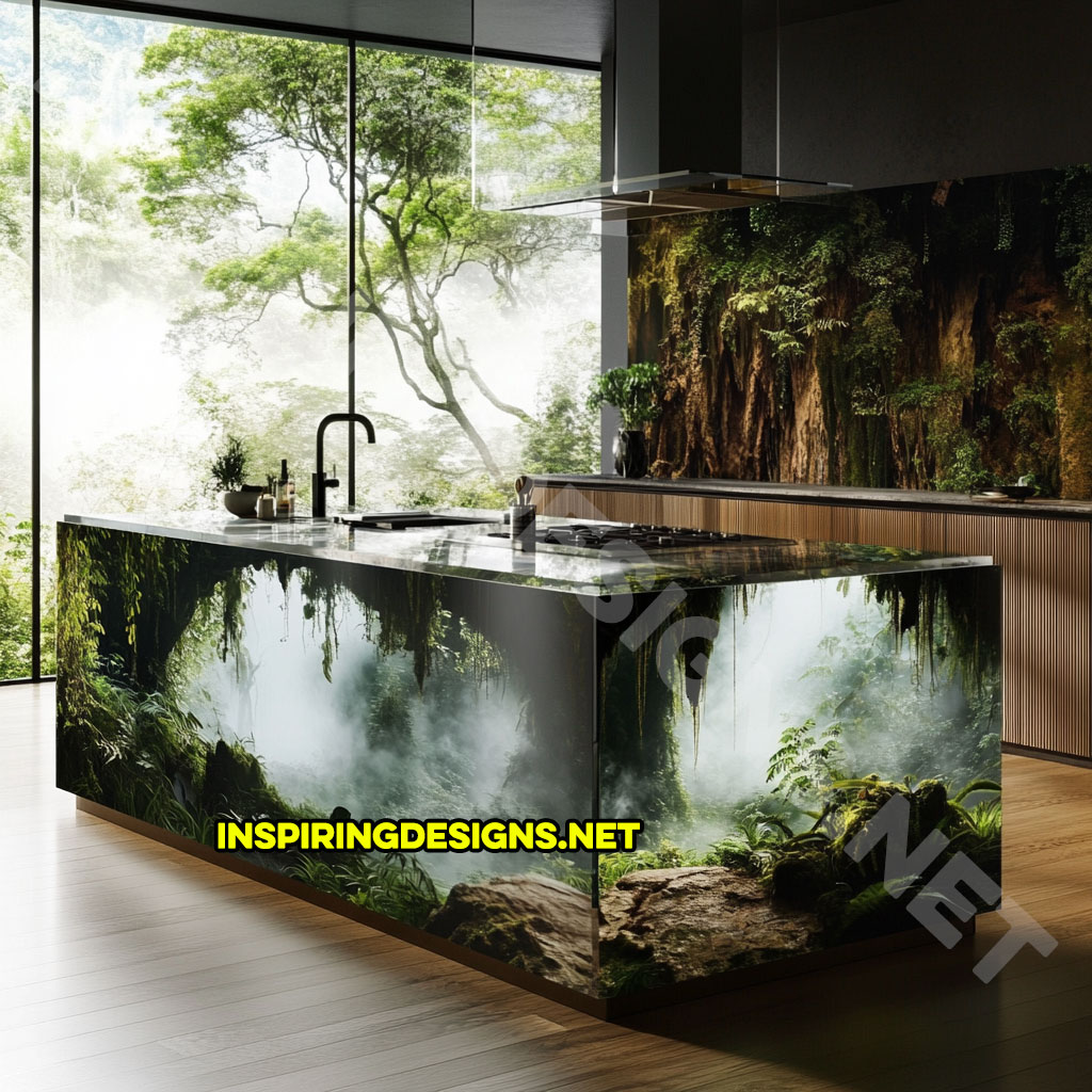 epoxy nature scene kitchen island with a foggy jungle