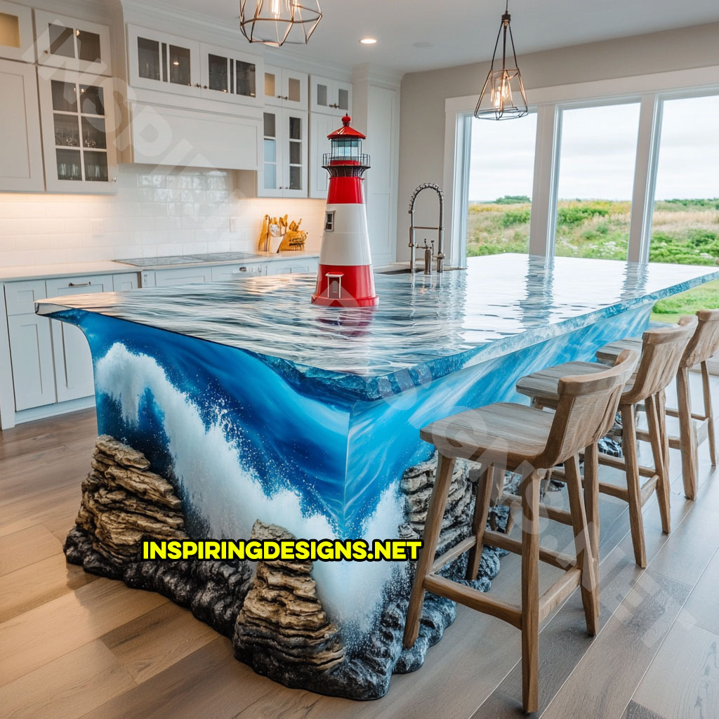 epoxy nature scene kitchen island with a lighthouse