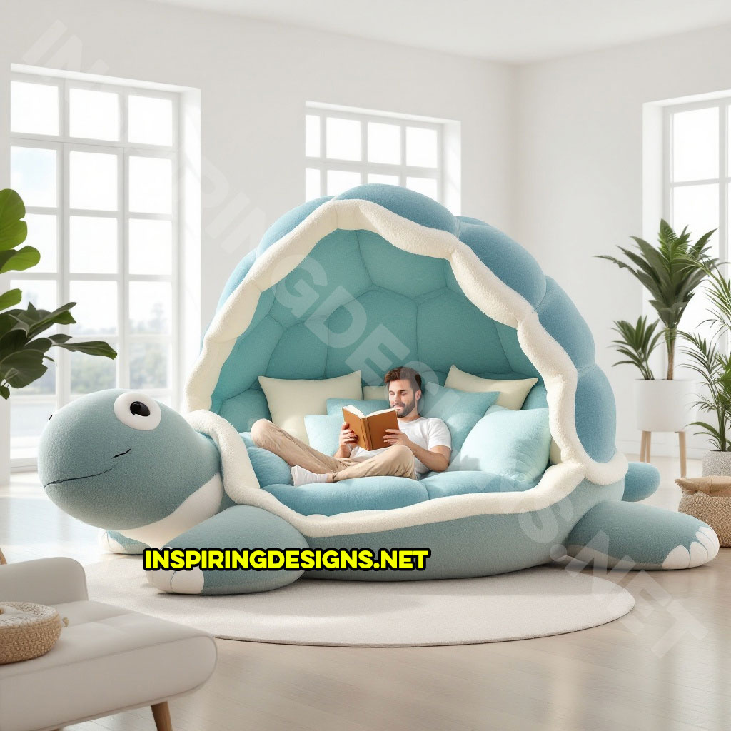 giant turtle lounger in a light blue and white color