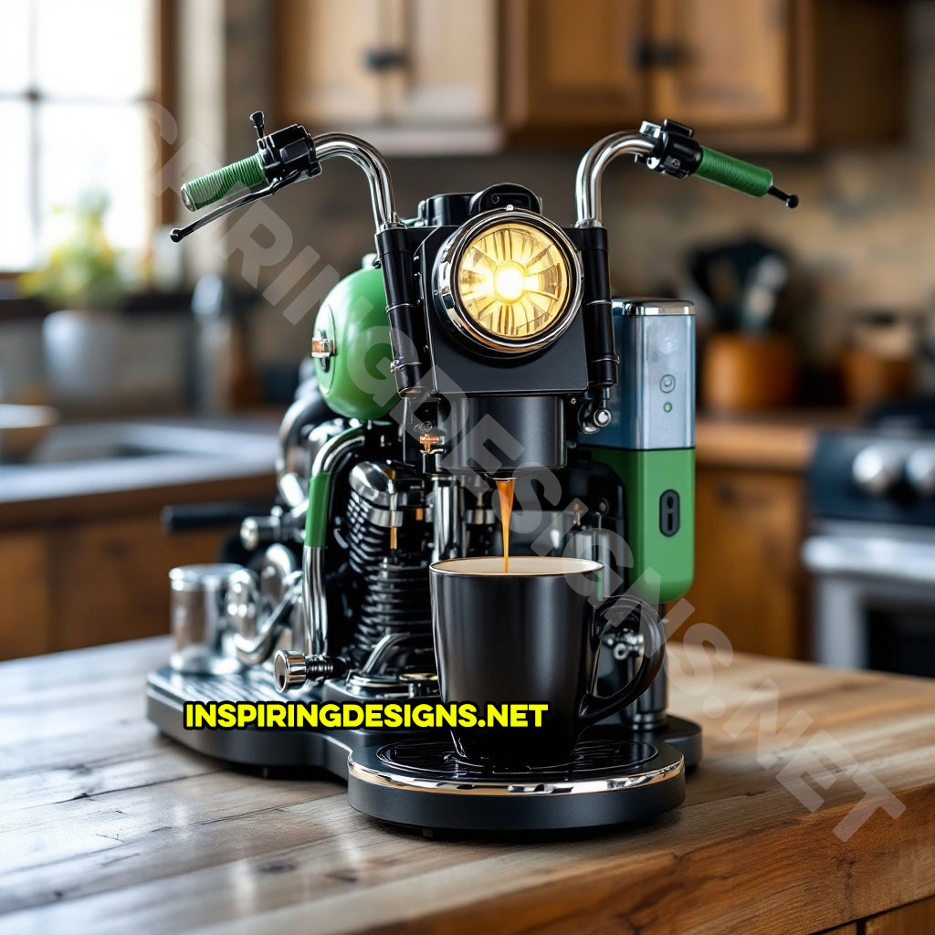 Harley coffee maker in a green and black color palette