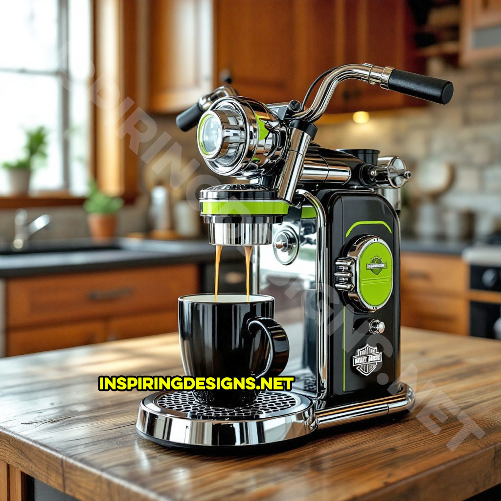 Harley coffee maker in a lime green and black color palette