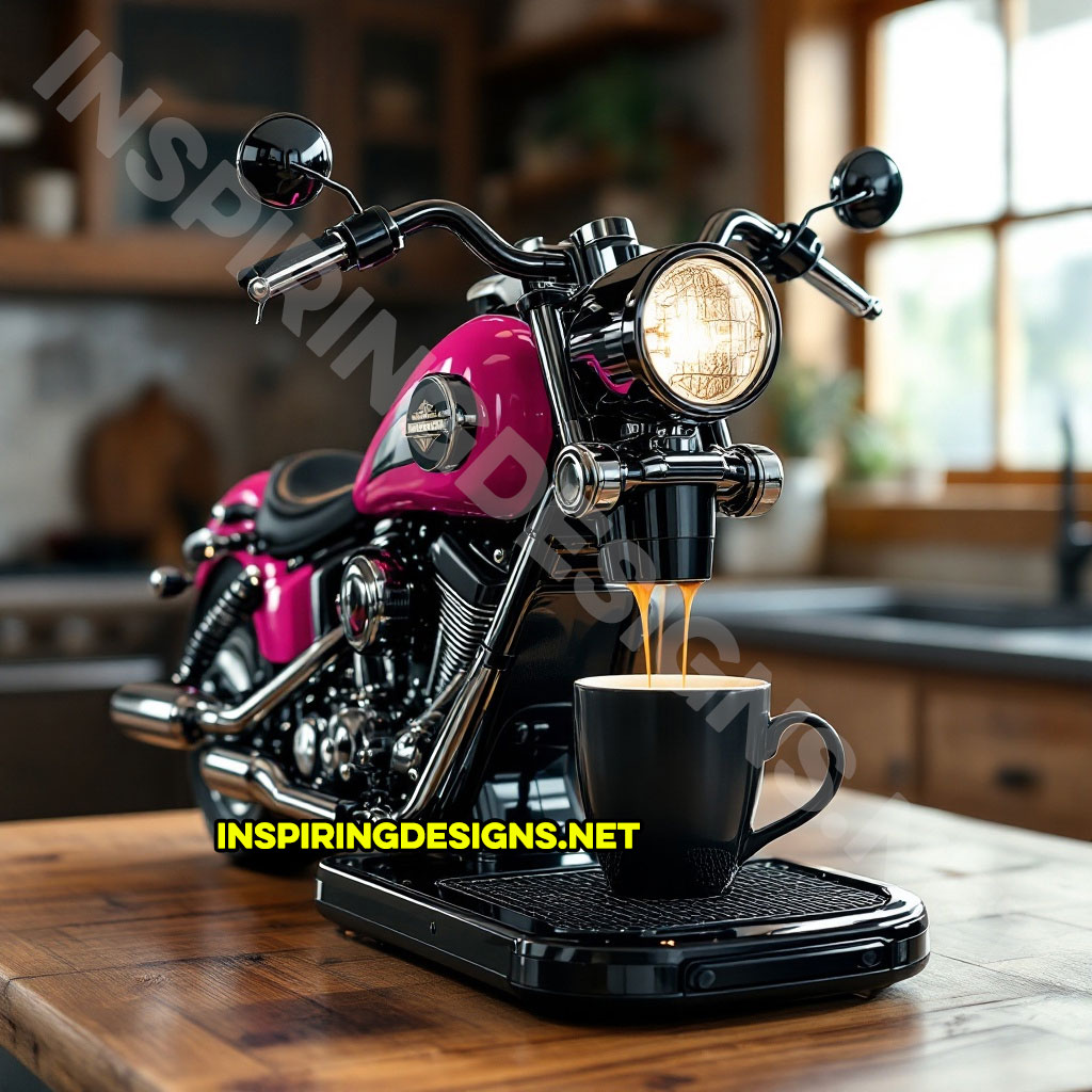 Harley coffee maker in a magenta and black color palette