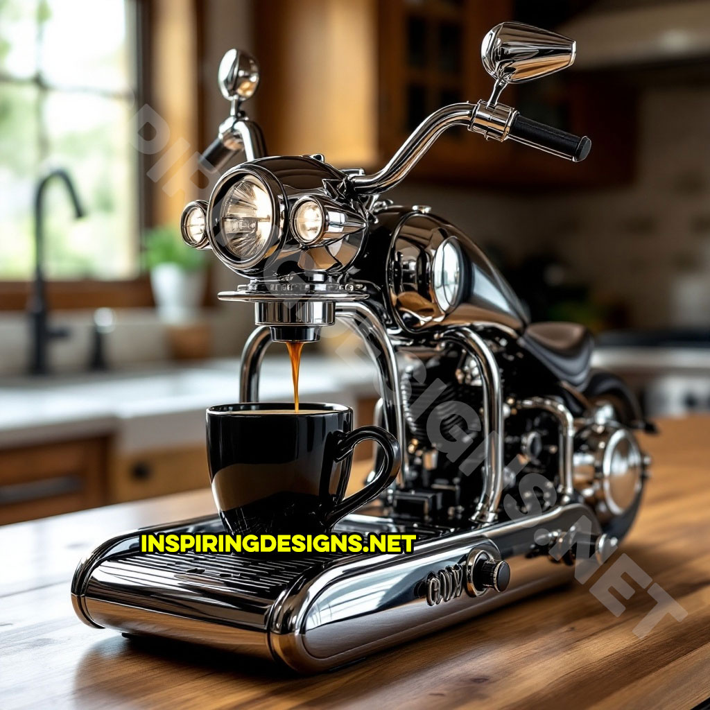 Harley coffee maker in a black and chrome color palette