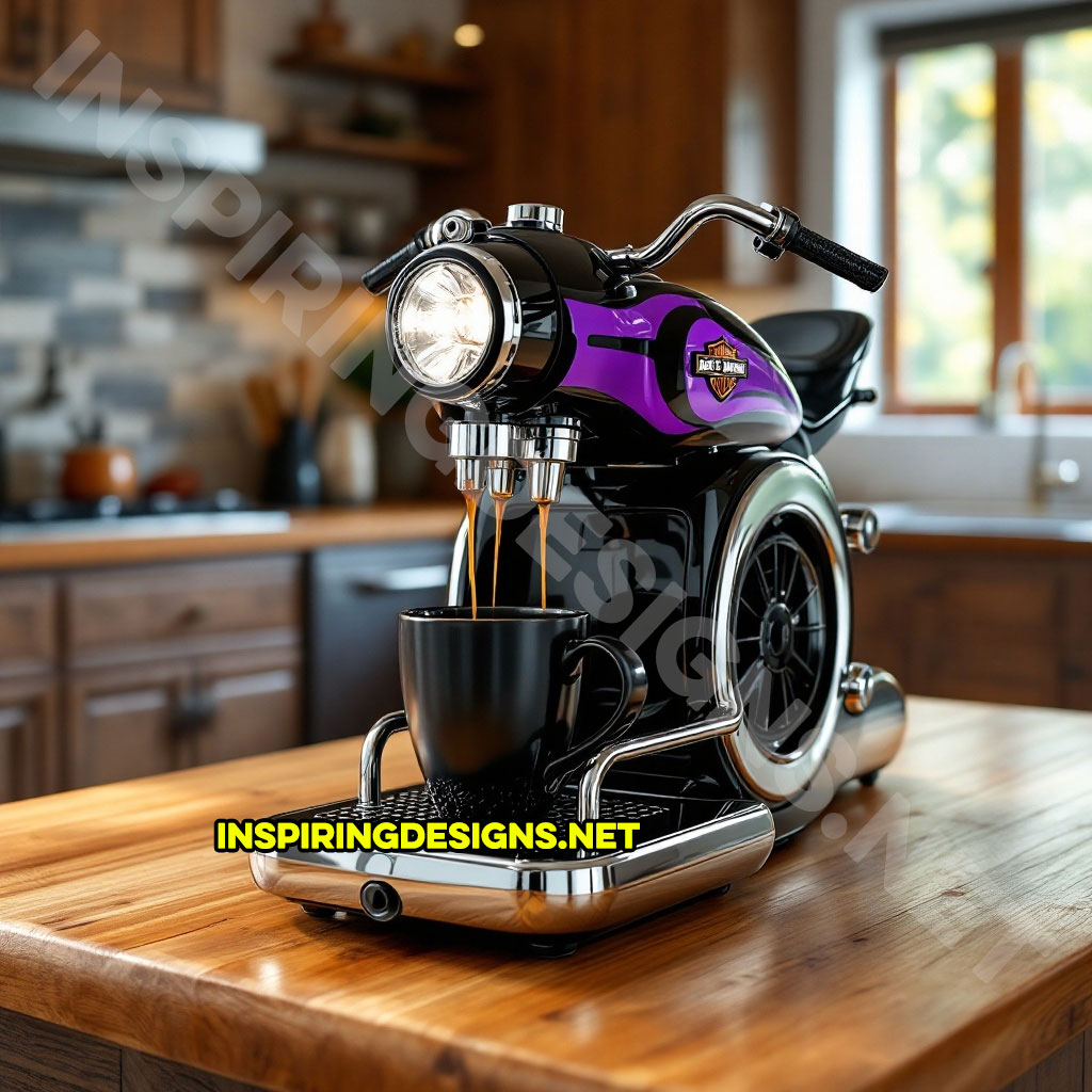 Harley coffee maker in a purple and black color palette