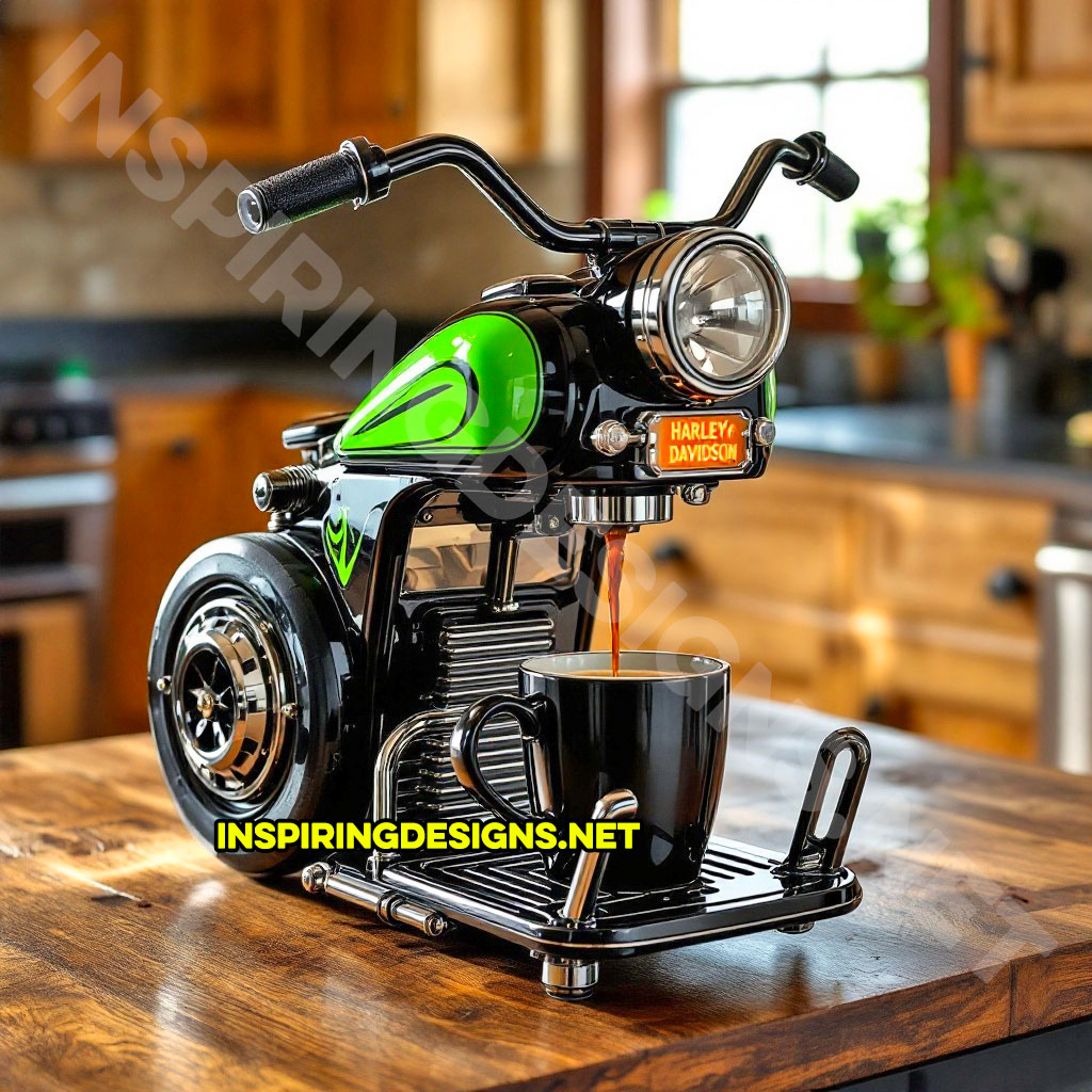 Harley coffee maker in a green and black color palette