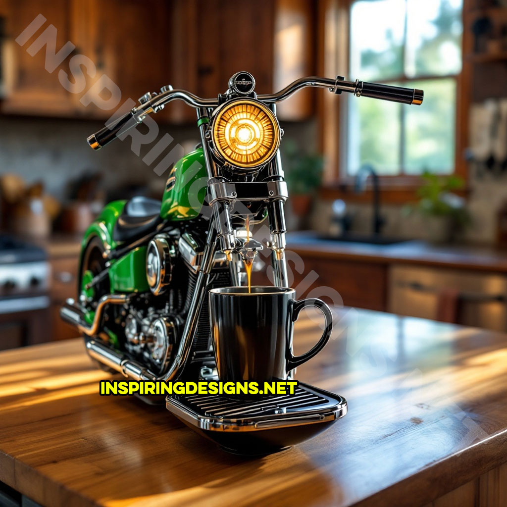 Harley coffee maker in a green and black color palette