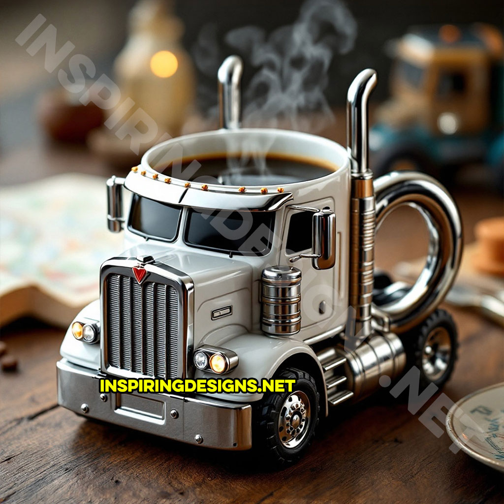 semi-truck coffee mug in a white color