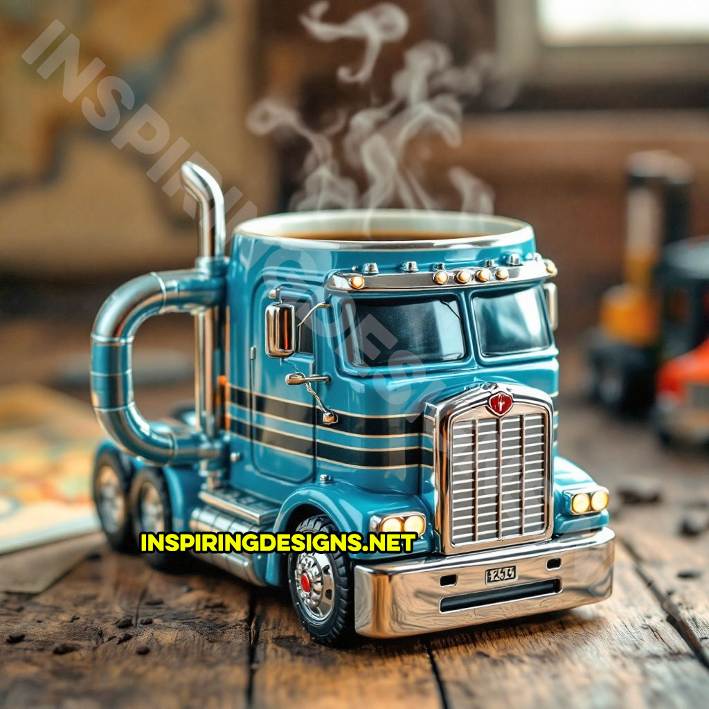 semi-truck coffee mug in a cyan with black stripes color