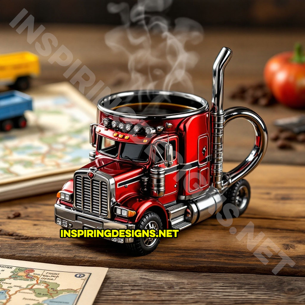 semi-truck coffee mug in a red with black stripes color design