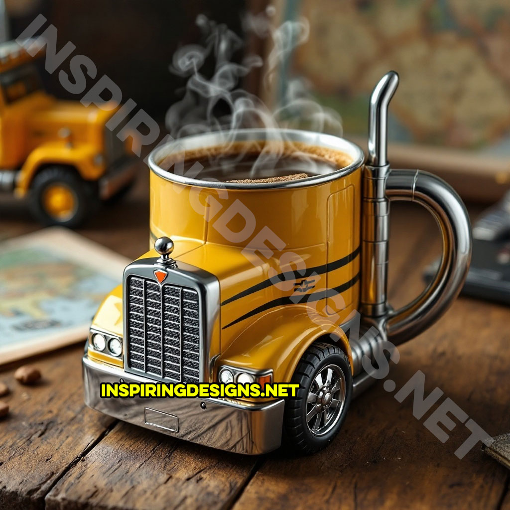 semi-truck coffee mug in a yellow with black stripes color