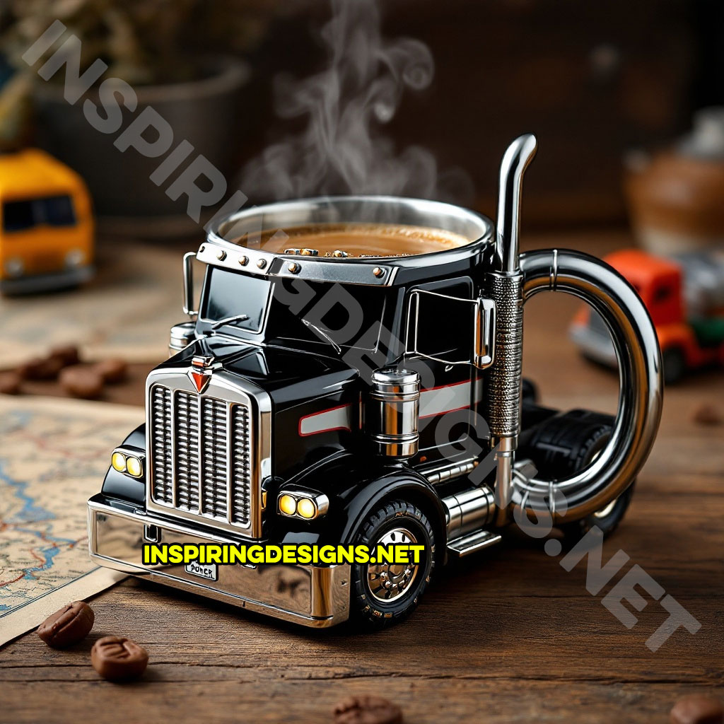 semi-truck coffee mug in a black with white stripes color