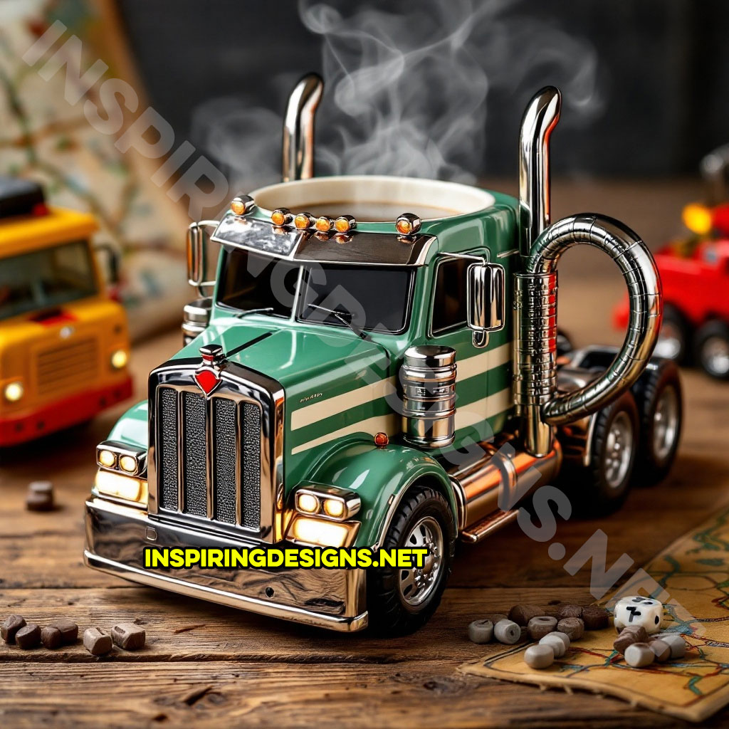 semi-truck coffee mug in a green with white stripes color