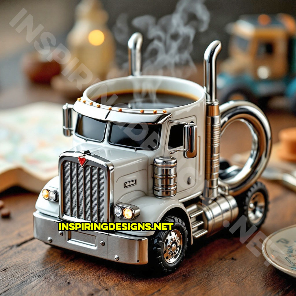 semi-truck coffee mug in a white color