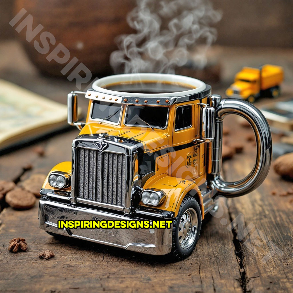 semi-truck coffee mug in a yellow with black stripes color