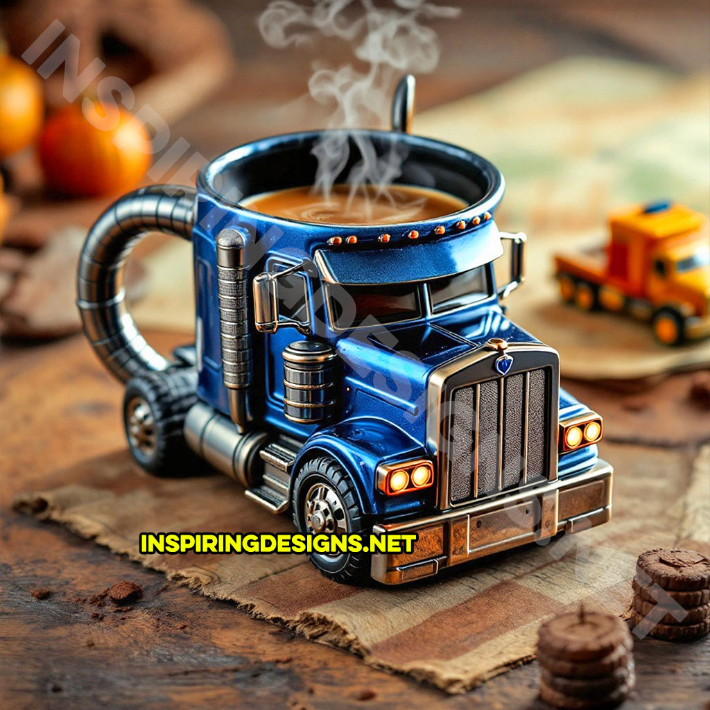 semi-truck coffee mug in a blue color