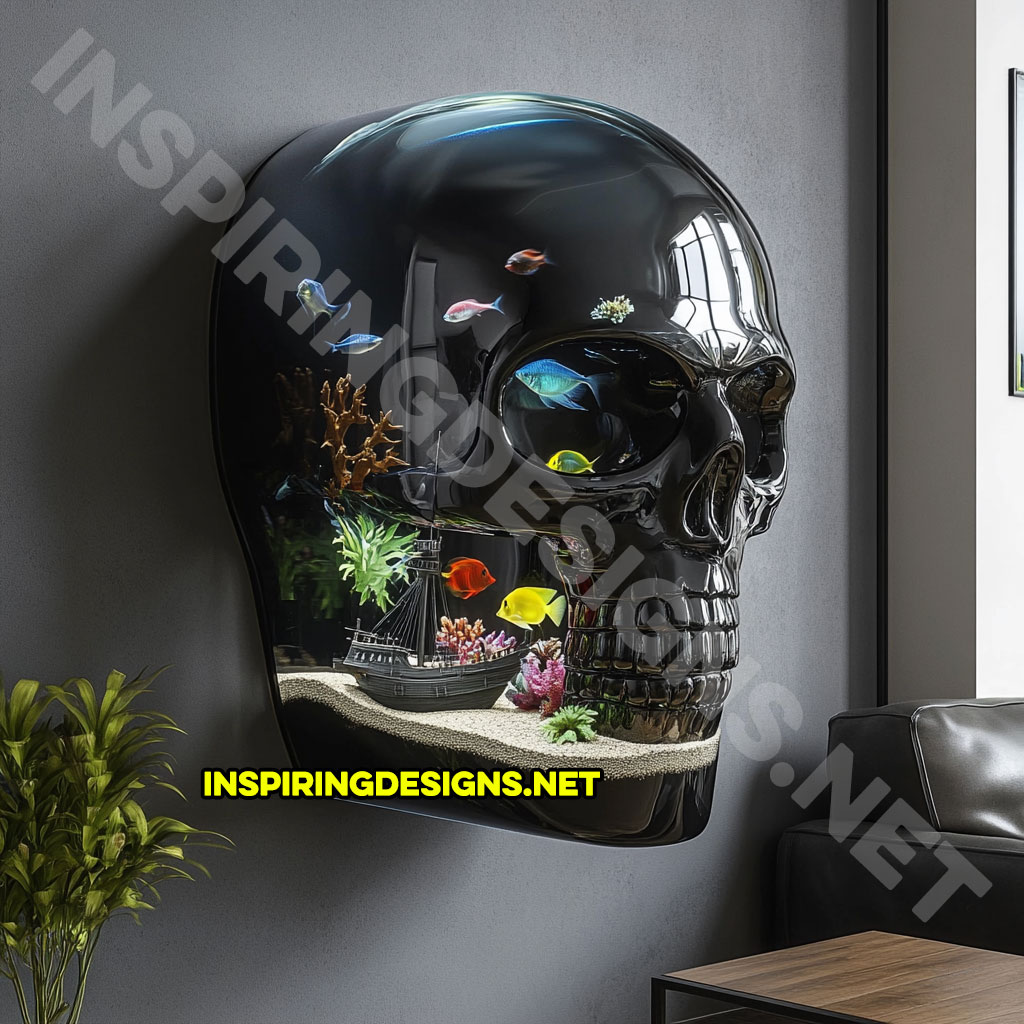 giant wall mounted skull aquarium in a dark black color