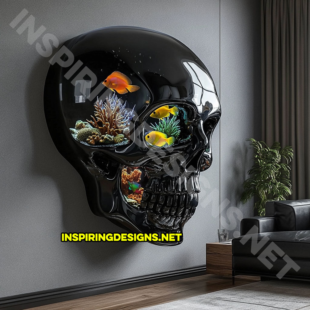 giant wall mounted skull aquarium in a dark black color 