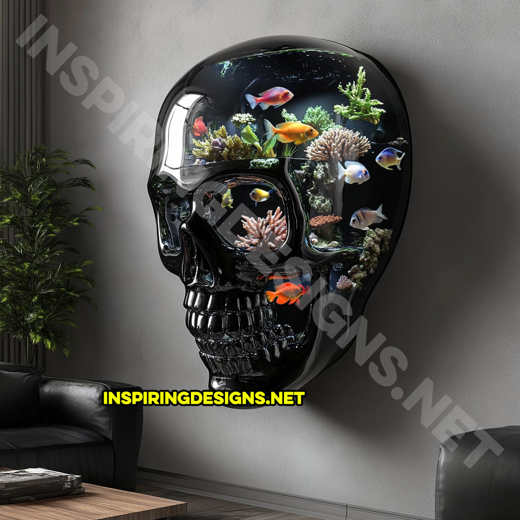 giant wall mounted skull aquarium in a dark black color