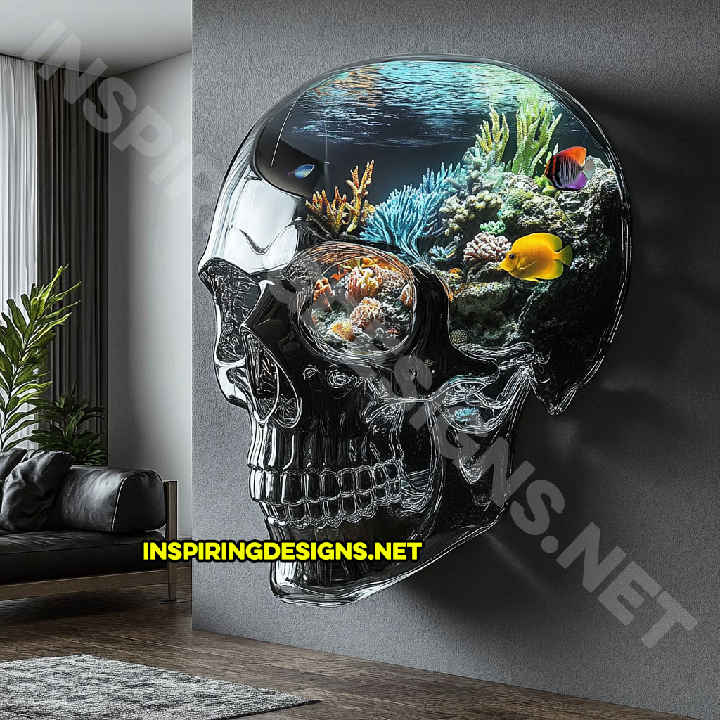 giant wall mounted skull aquarium in a dark black color