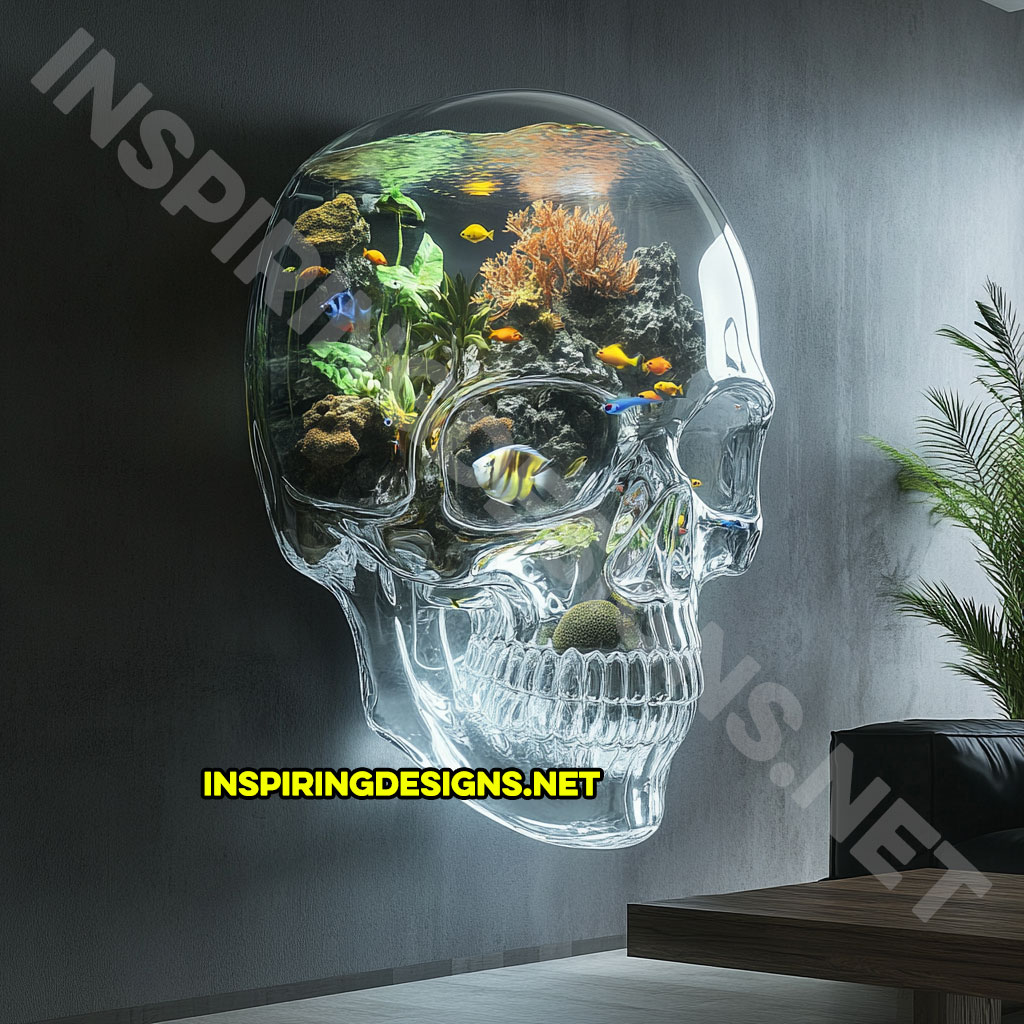 giant wall mounted skull aquarium in a fully transparent color