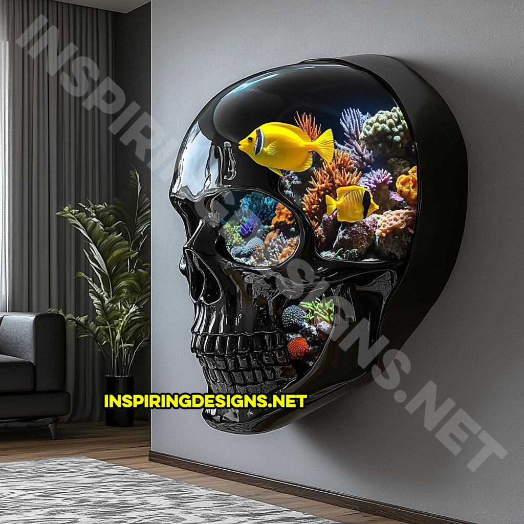 giant wall mounted skull aquarium in a dark black color