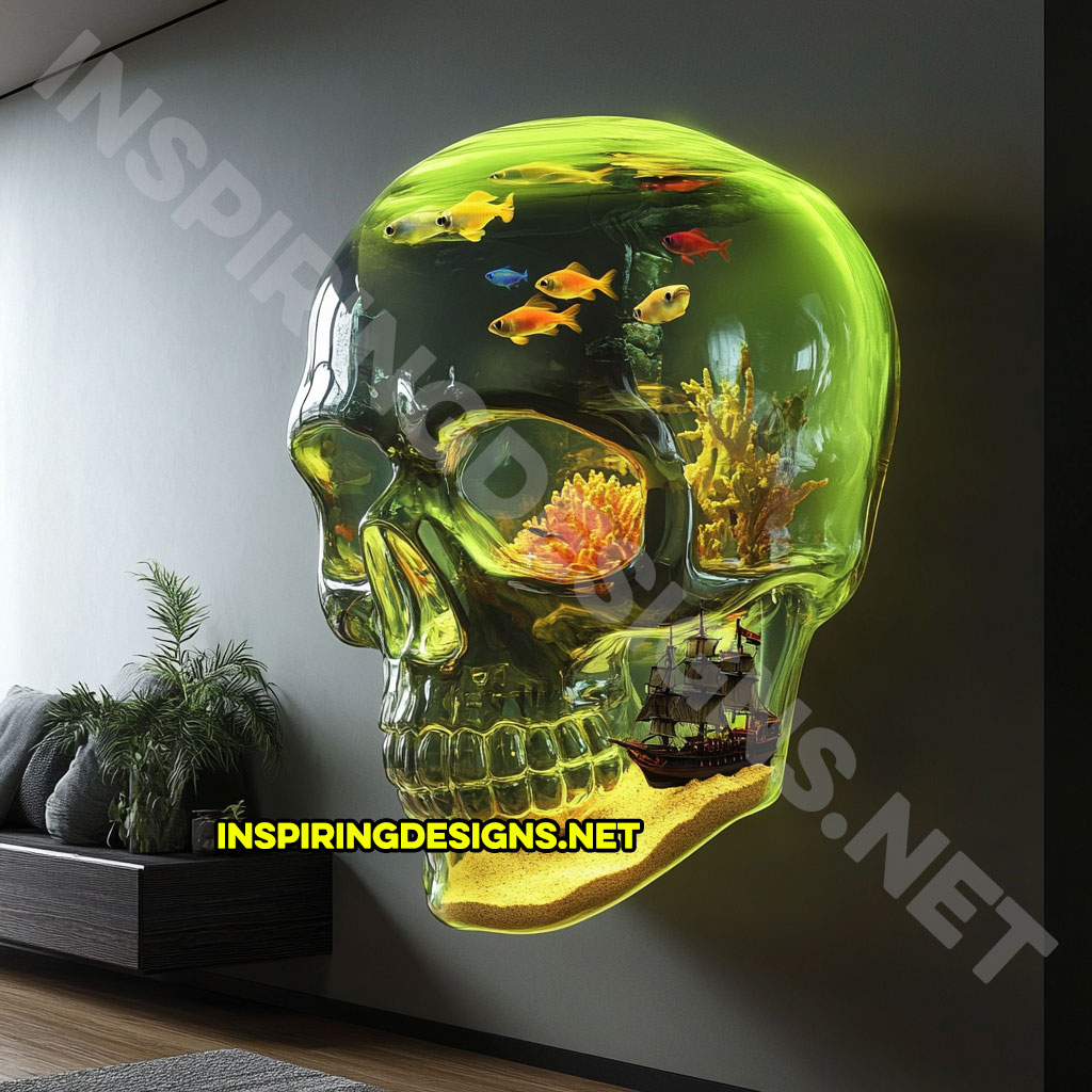 giant wall mounted skull aquarium in a dark yellow color