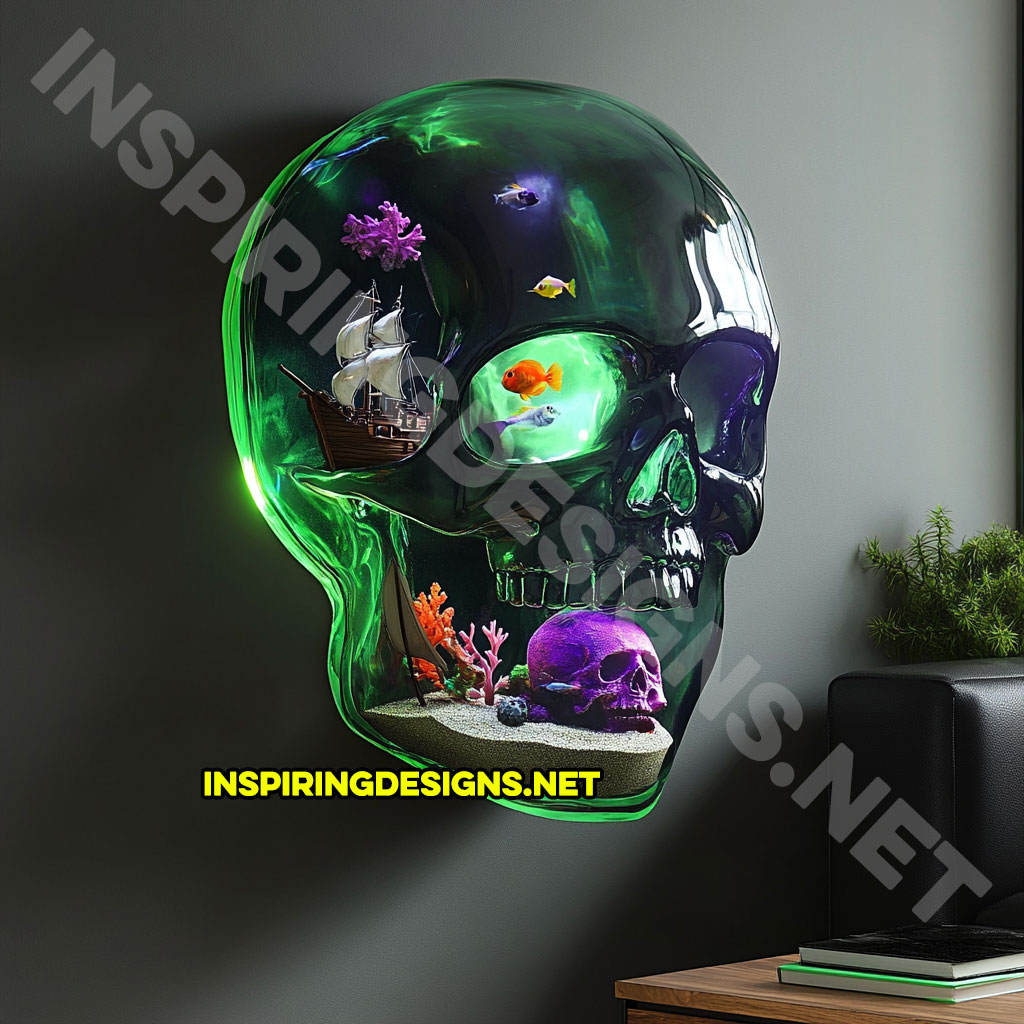 giant wall mounted skull aquarium in a dark green color