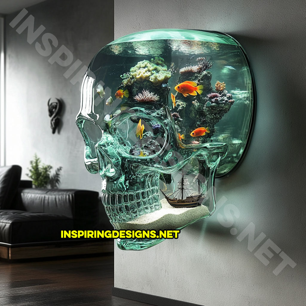 giant wall mounted skull aquarium in a light green color