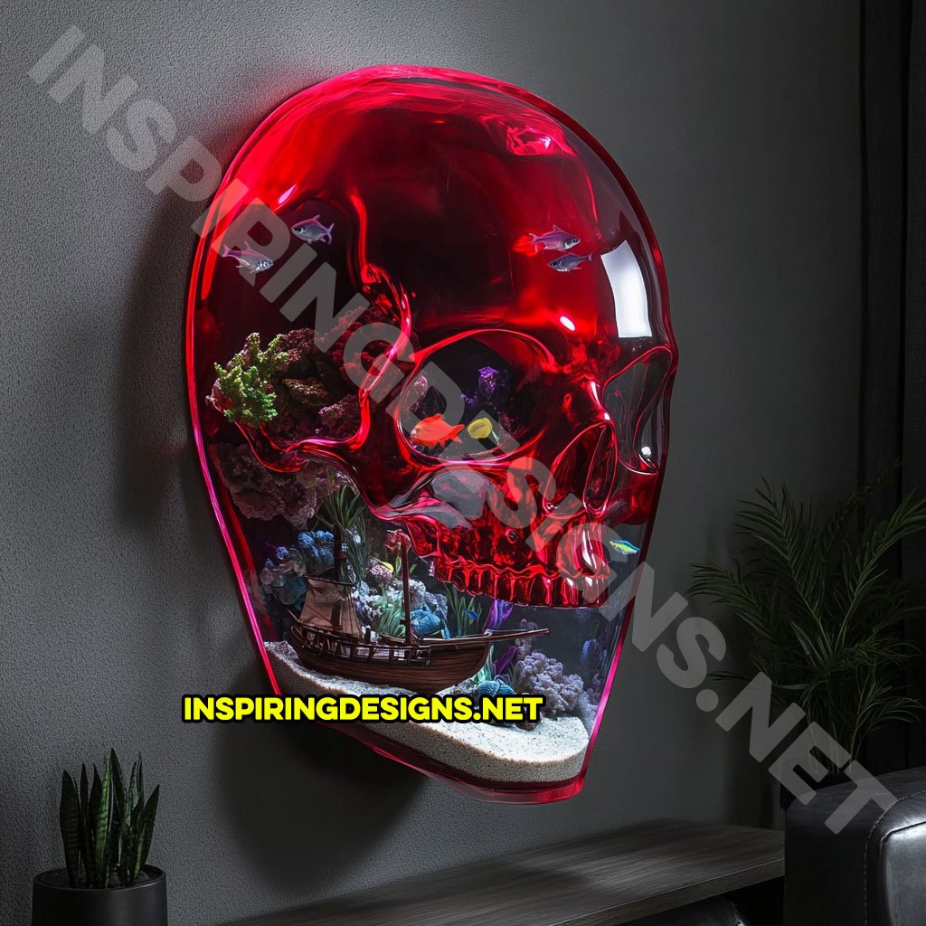 giant wall mounted skull aquarium in a dark red color