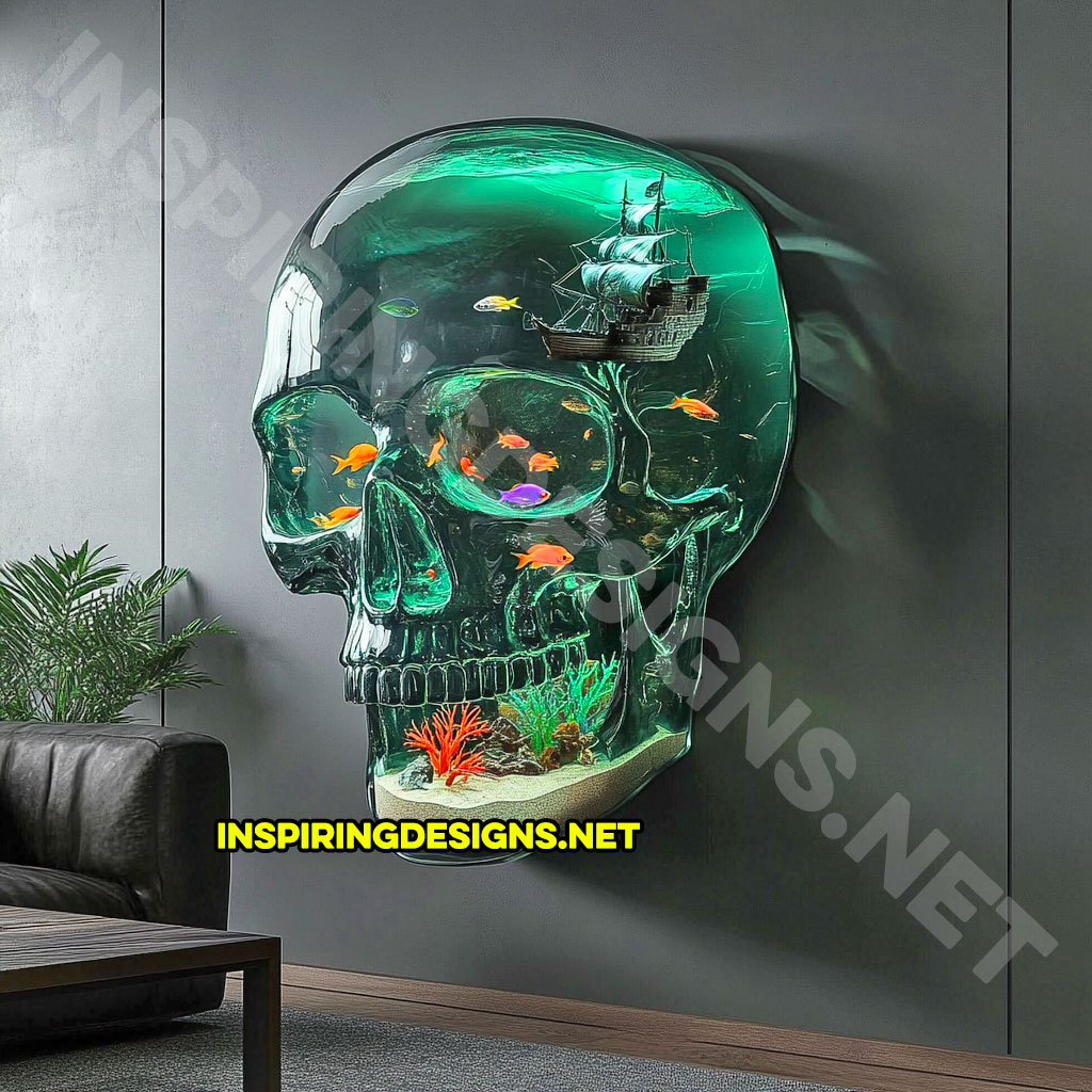 giant wall mounted skull aquarium in a dark green color