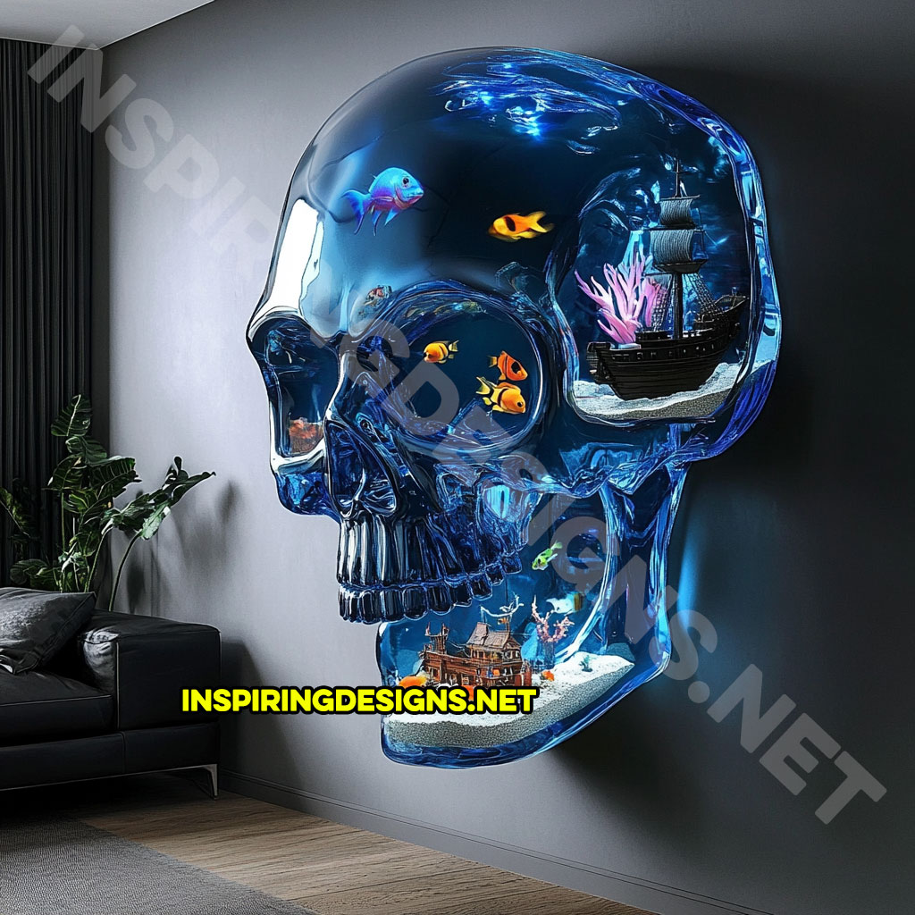 giant wall mounted skull aquarium in a dark blue color