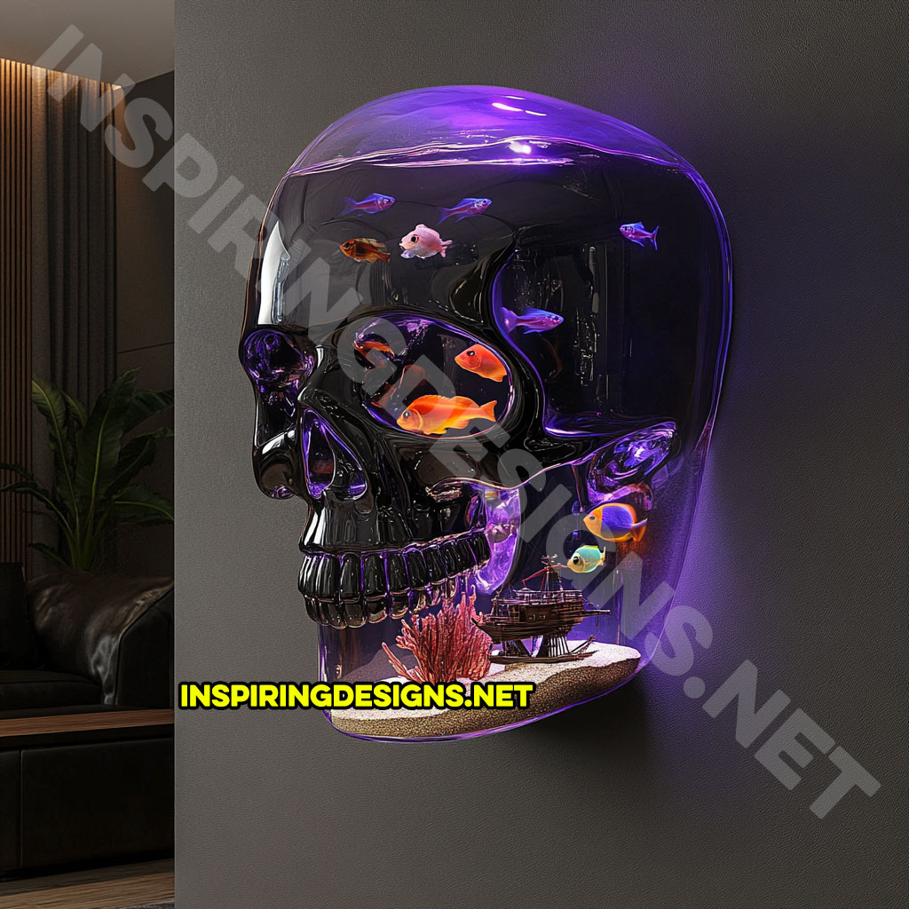 giant wall mounted skull aquarium in a dark purple color