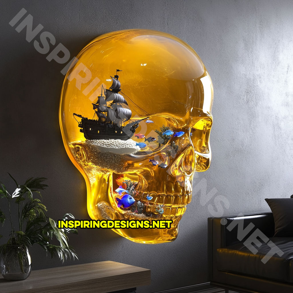 giant wall mounted skull aquarium in a dark yellow color