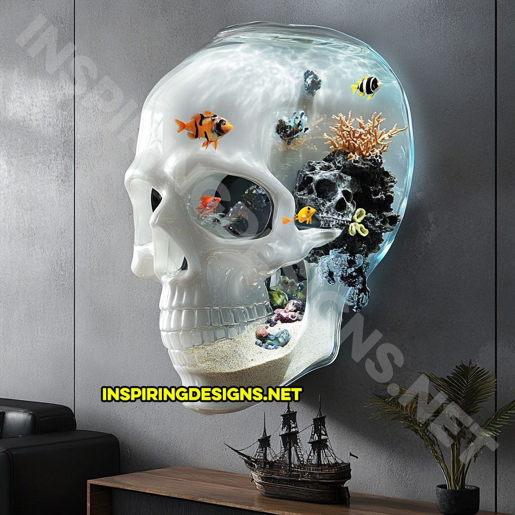 giant wall mounted skull aquarium in a white color