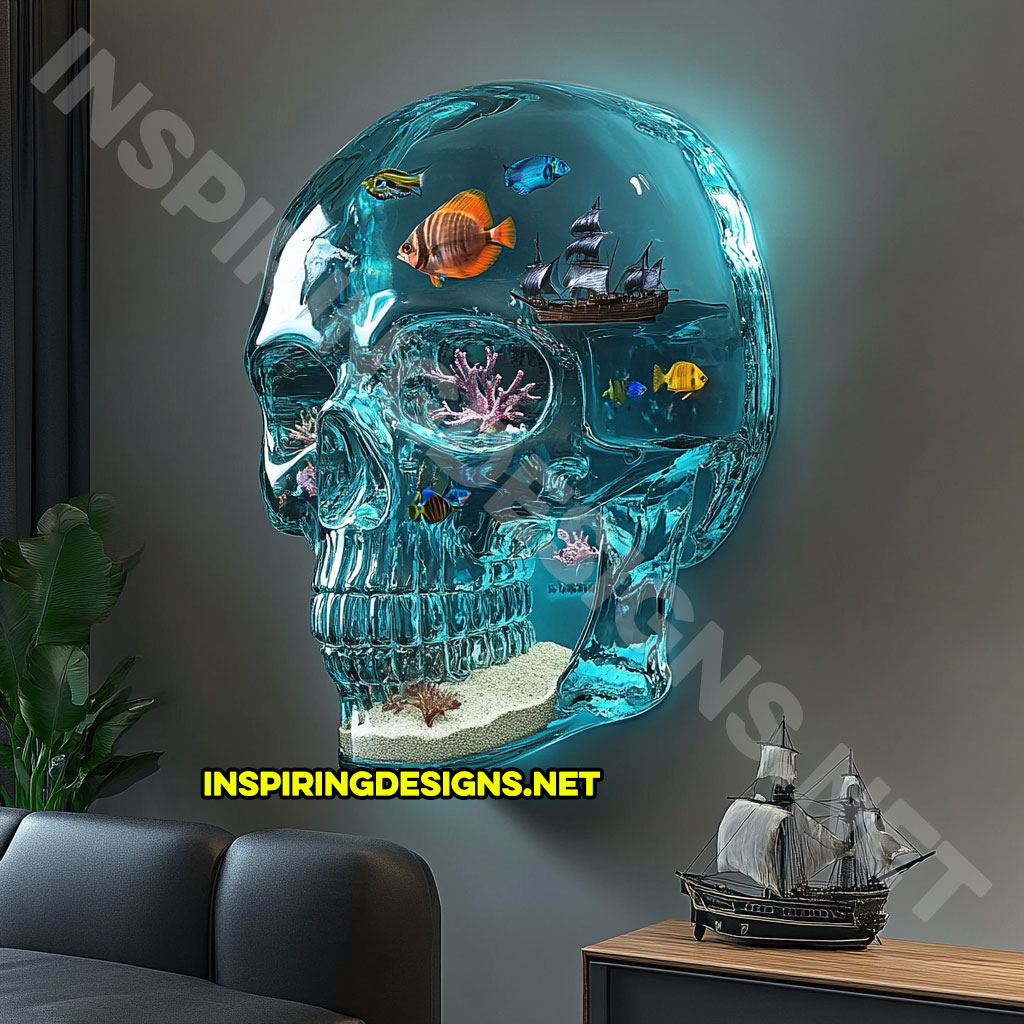 giant wall mounted skull aquarium in a light blue color