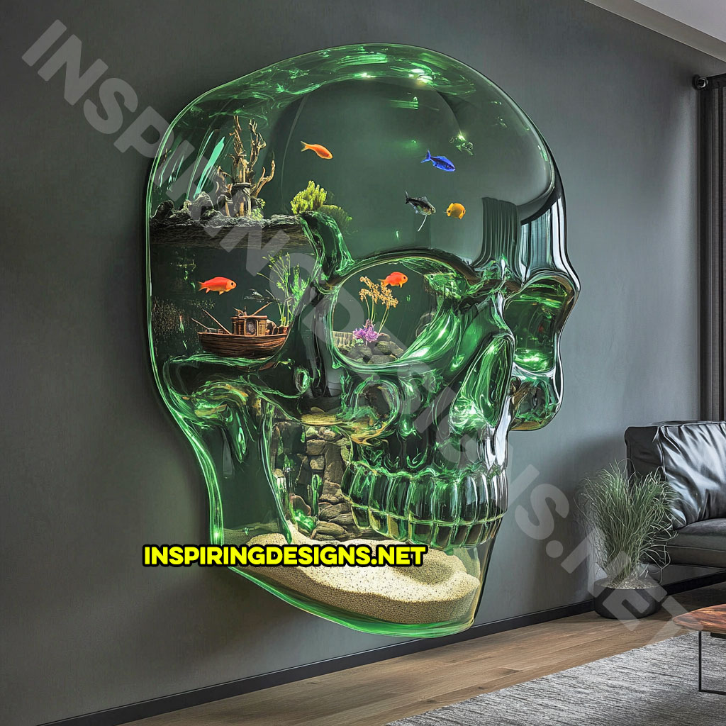 giant wall mounted skull aquarium in a light green color