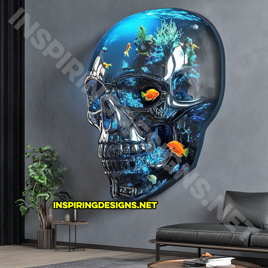 giant wall mounted skull aquarium in a dark blue color