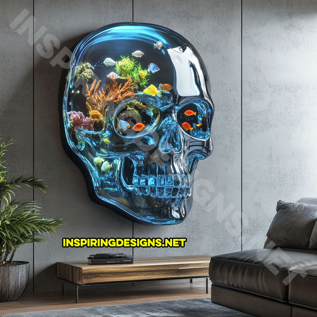 giant wall mounted skull aquarium in a light blue color