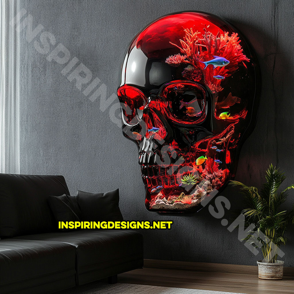 giant wall mounted skull aquarium in a dark red color