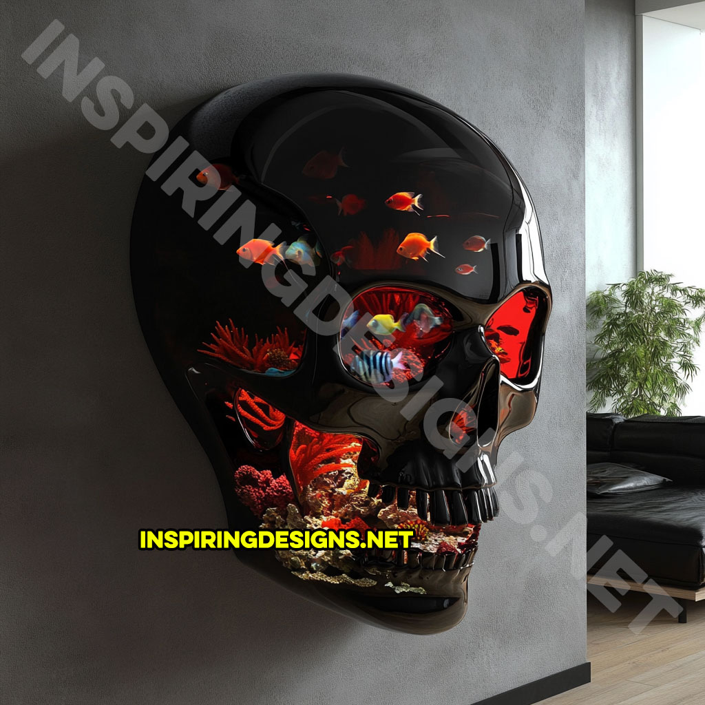 giant wall mounted skull aquarium in a dark red color