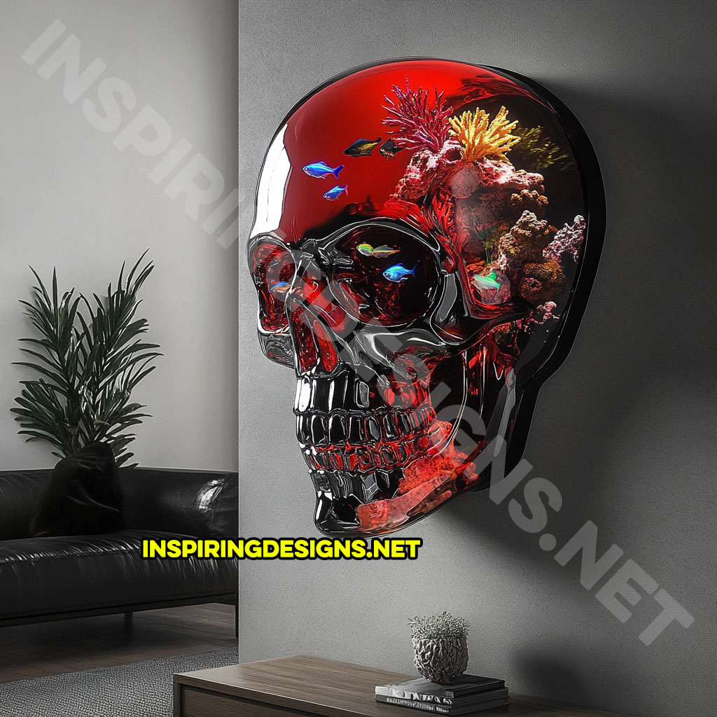 giant wall mounted skull aquarium in a dark red color