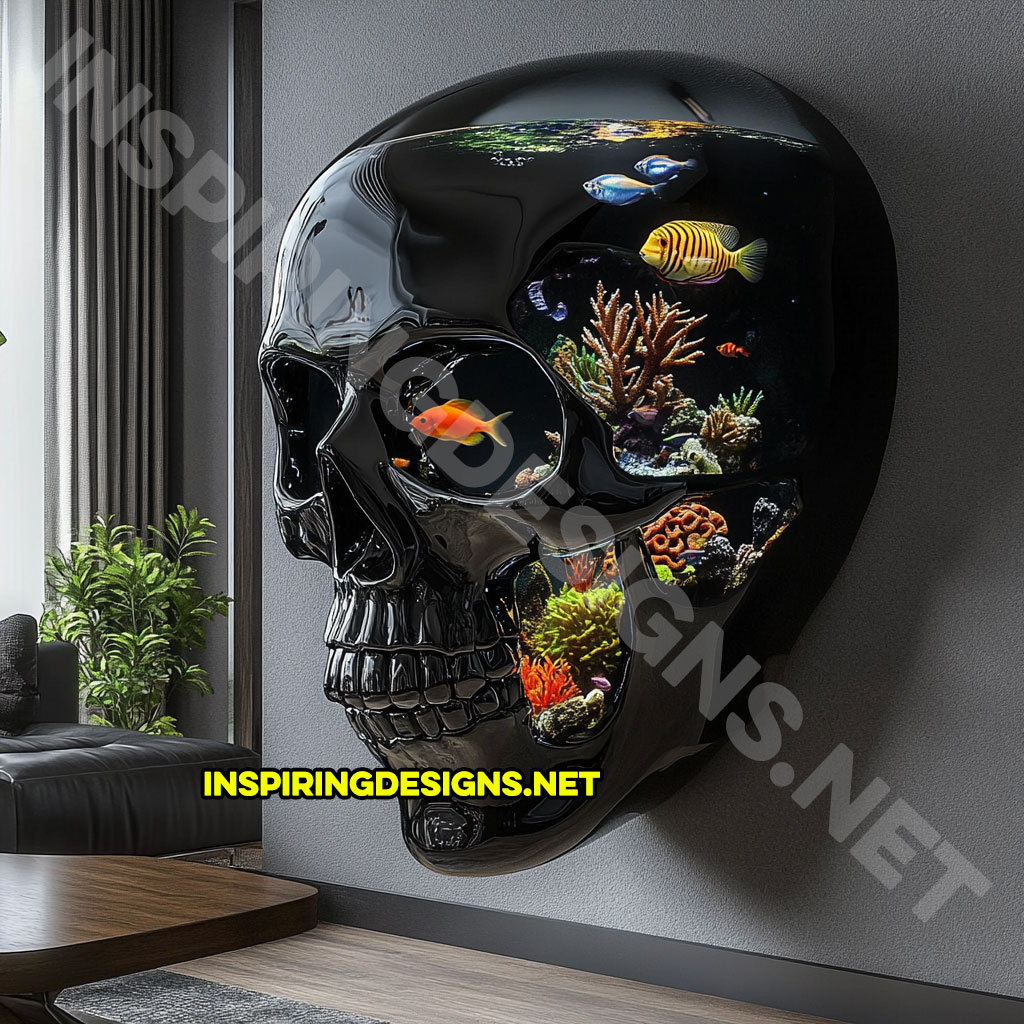 giant wall mounted skull aquarium in a dark black color