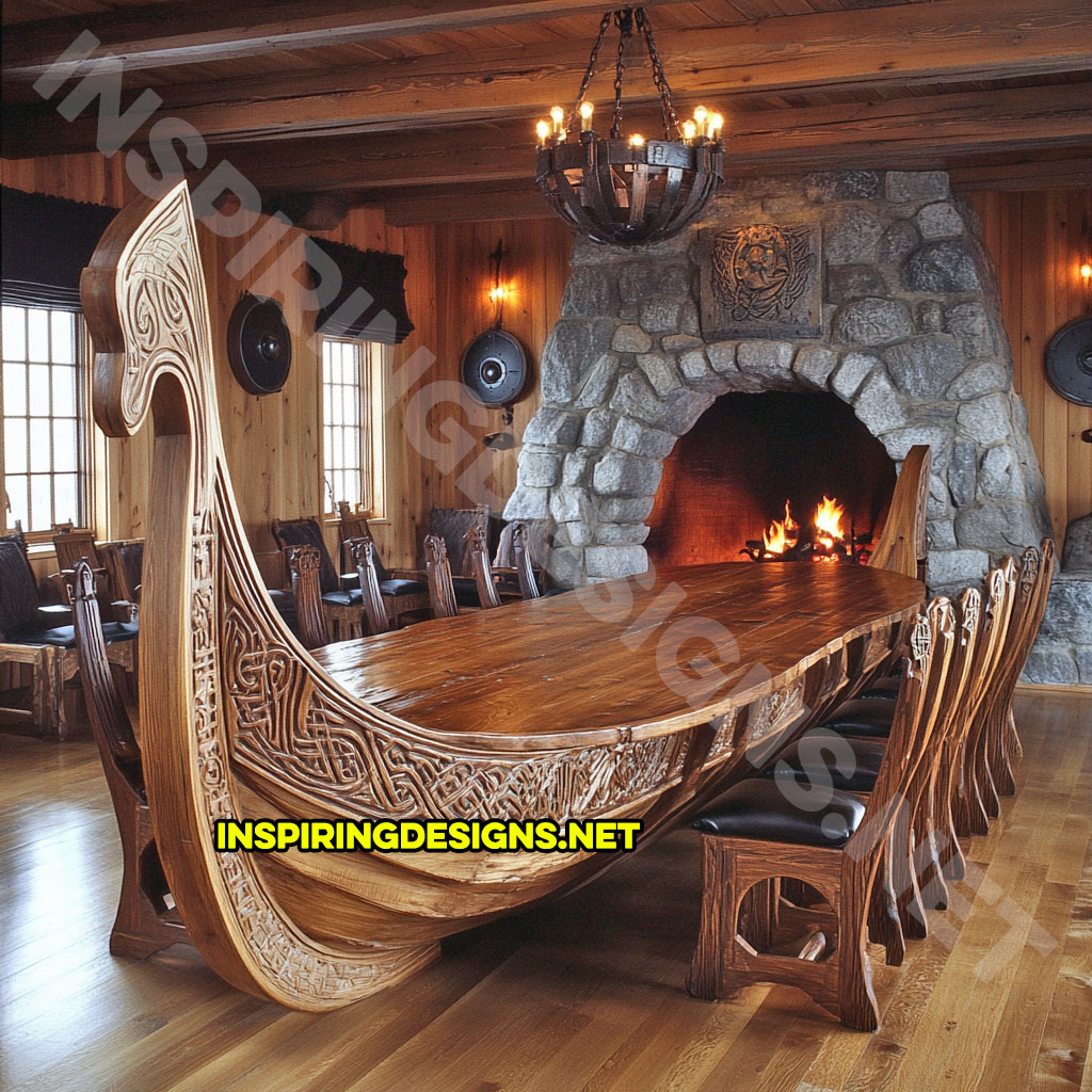 viking ship dining table in a carved natural wood finish color