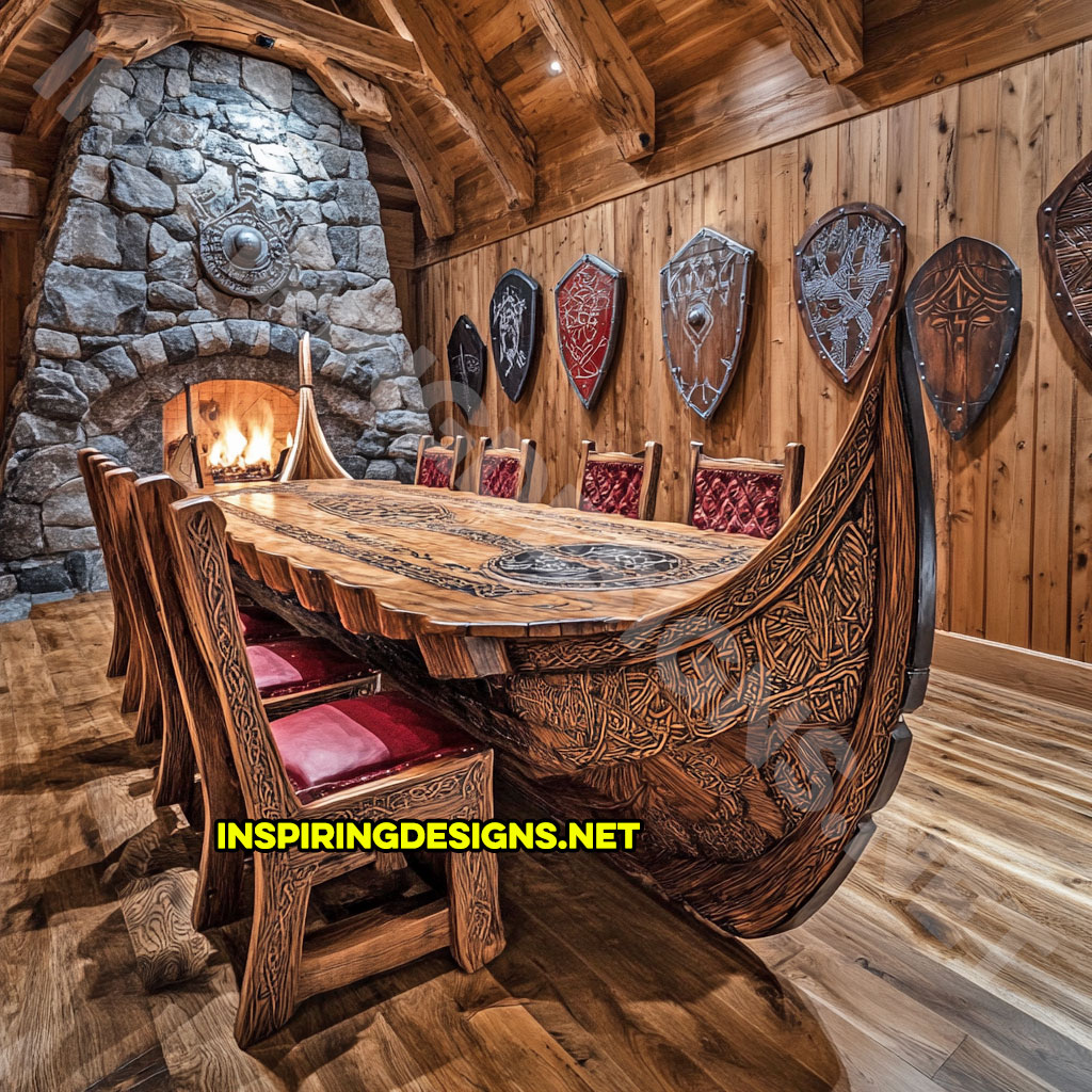 viking ship dining table in a carved natural wood finish with red color