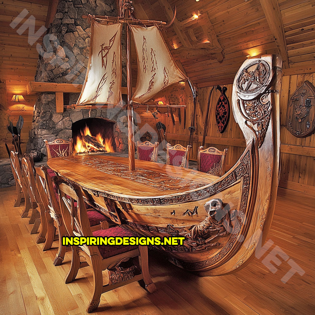 viking ship dining table in a carved natural wood finish with red color