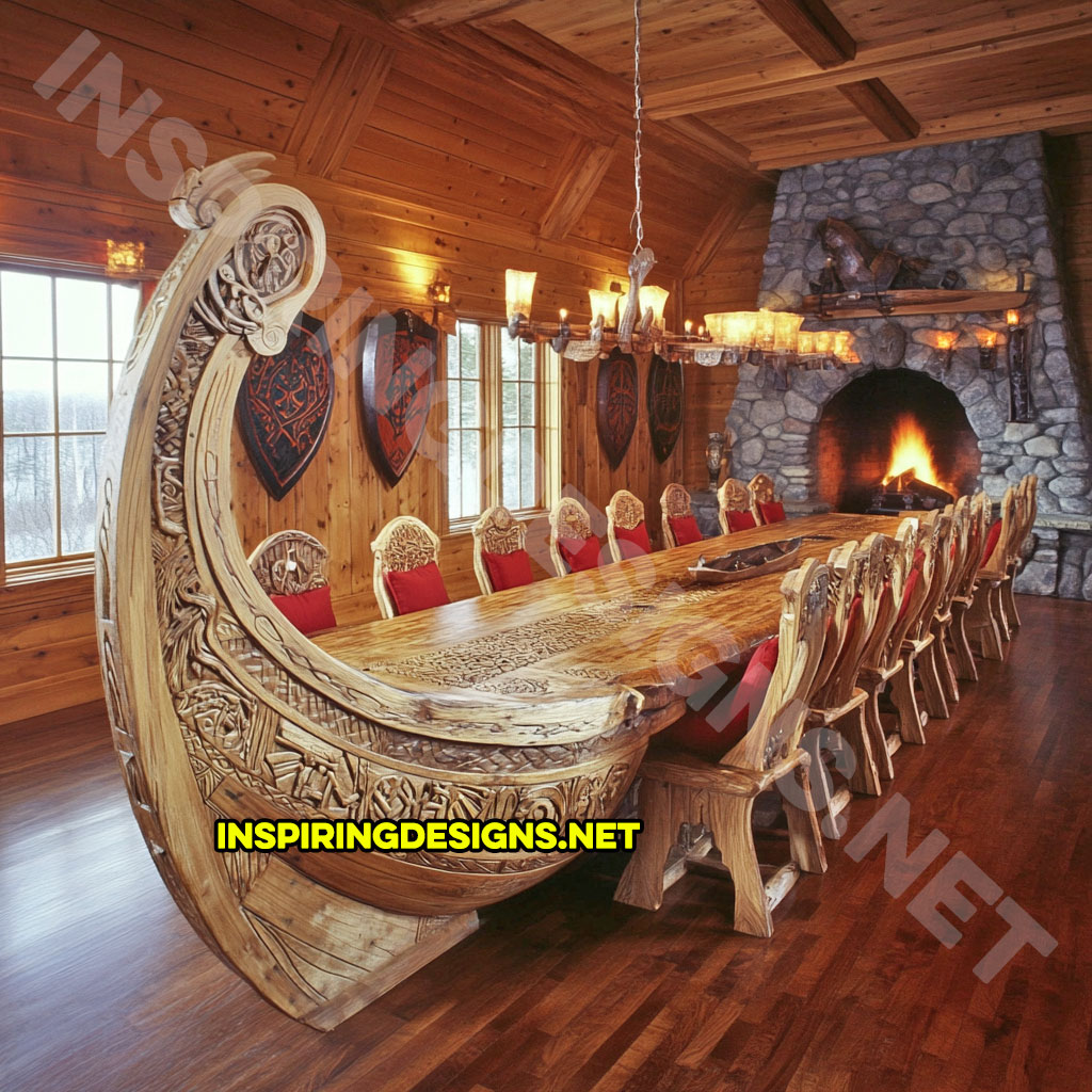 viking ship dining table in a carved natural wood finish with red color