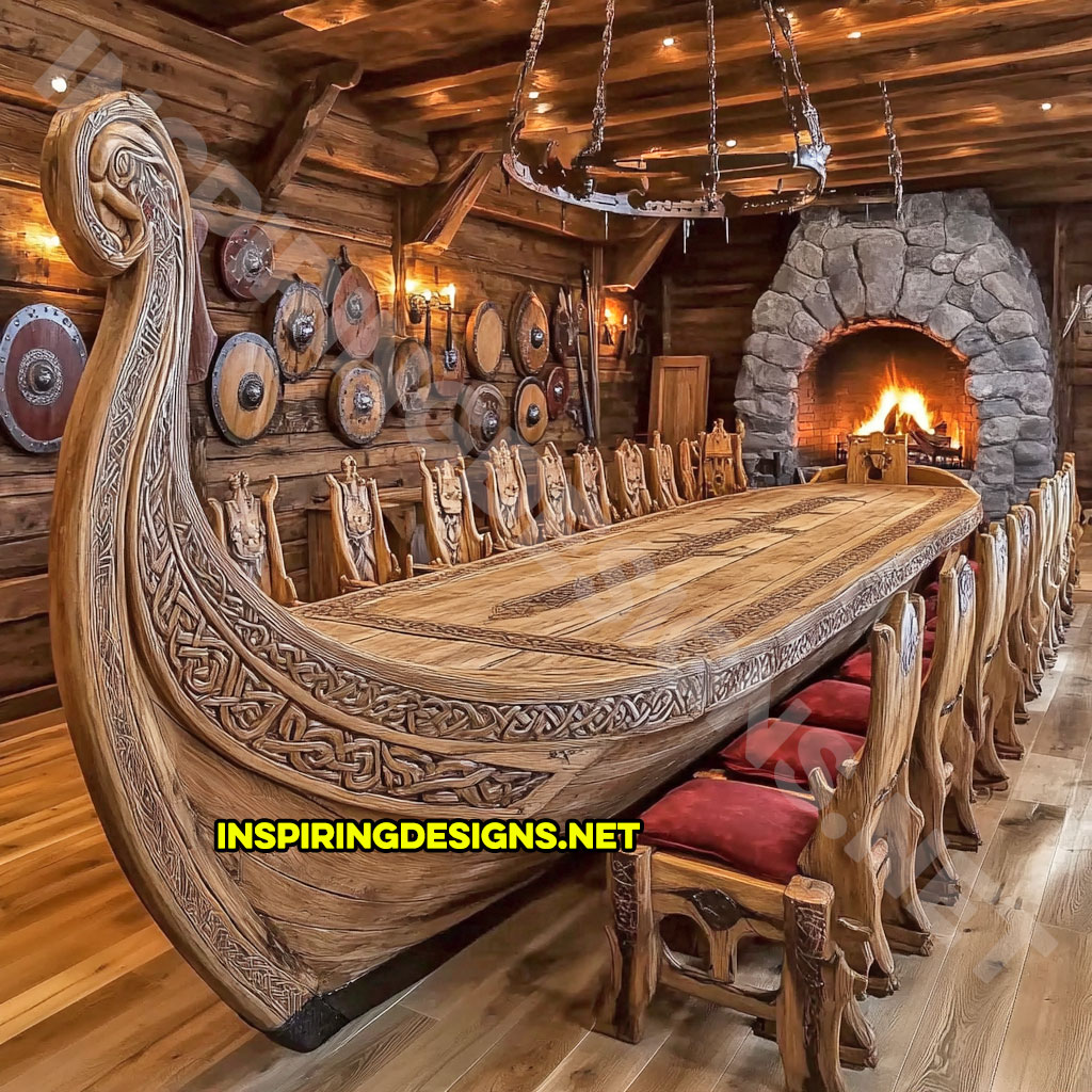 viking ship dining table in a carved natural wood finish with red color