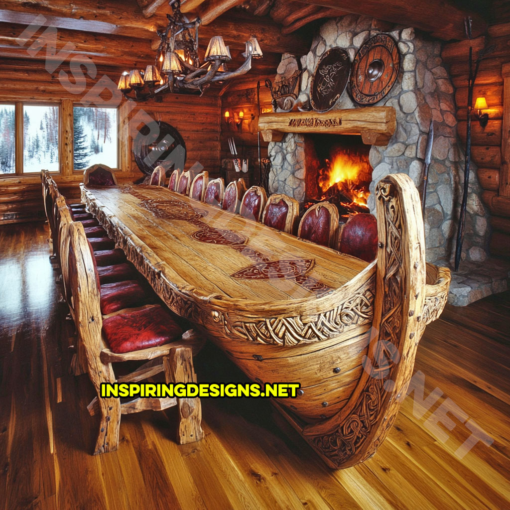 viking ship dining table in a carved natural wood finish with red color