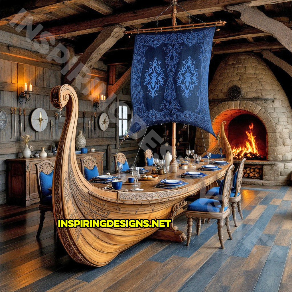 viking ship dining table in a carved natural wood finish with blue color